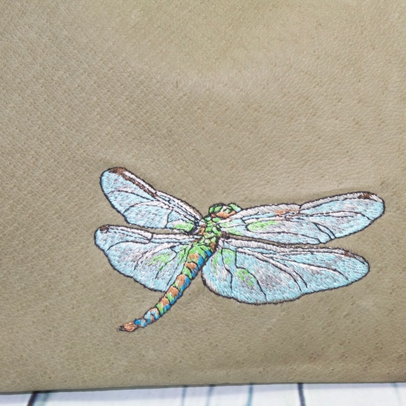 Green Leather Nylon Shoulder Dragonfly Embroidered Handbag Purse - Picture 2 of 8